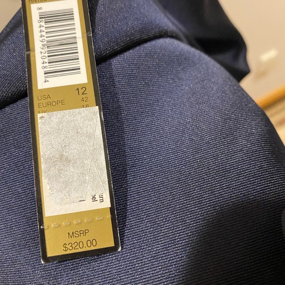 TAHARI 2-piece suit, navy, rhinestone accent button, lace skirt, size 12, NWT - Picture 6 of 9